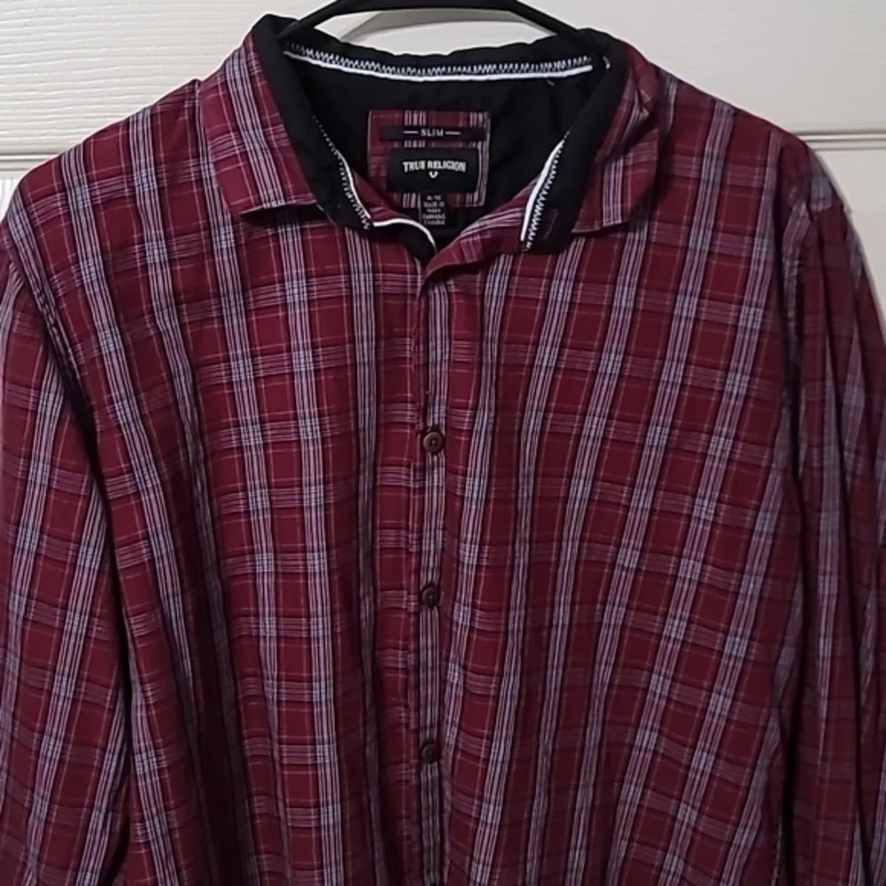 TRUE RELIGION‎ Maroon/White/Black Plaid LS Button-Down Slim Fit Shirt Men's XL